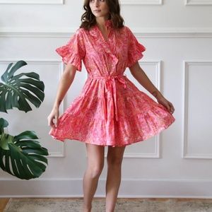 Mille Pink Carnation Violetta Ruffle Tie Waist Mini Dress Size Medium